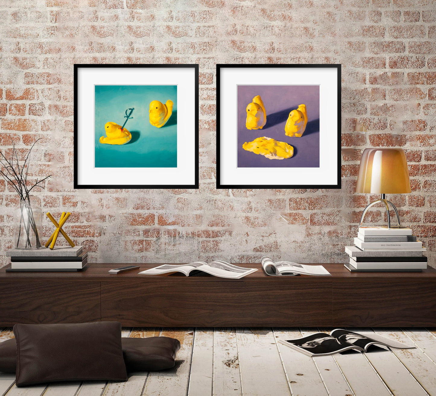 Creepy cute Peeps Art Set of 2 Prints from oil painting - 2 piece wall art birthday gift of squishy marshmallow Easter candy chicken baby