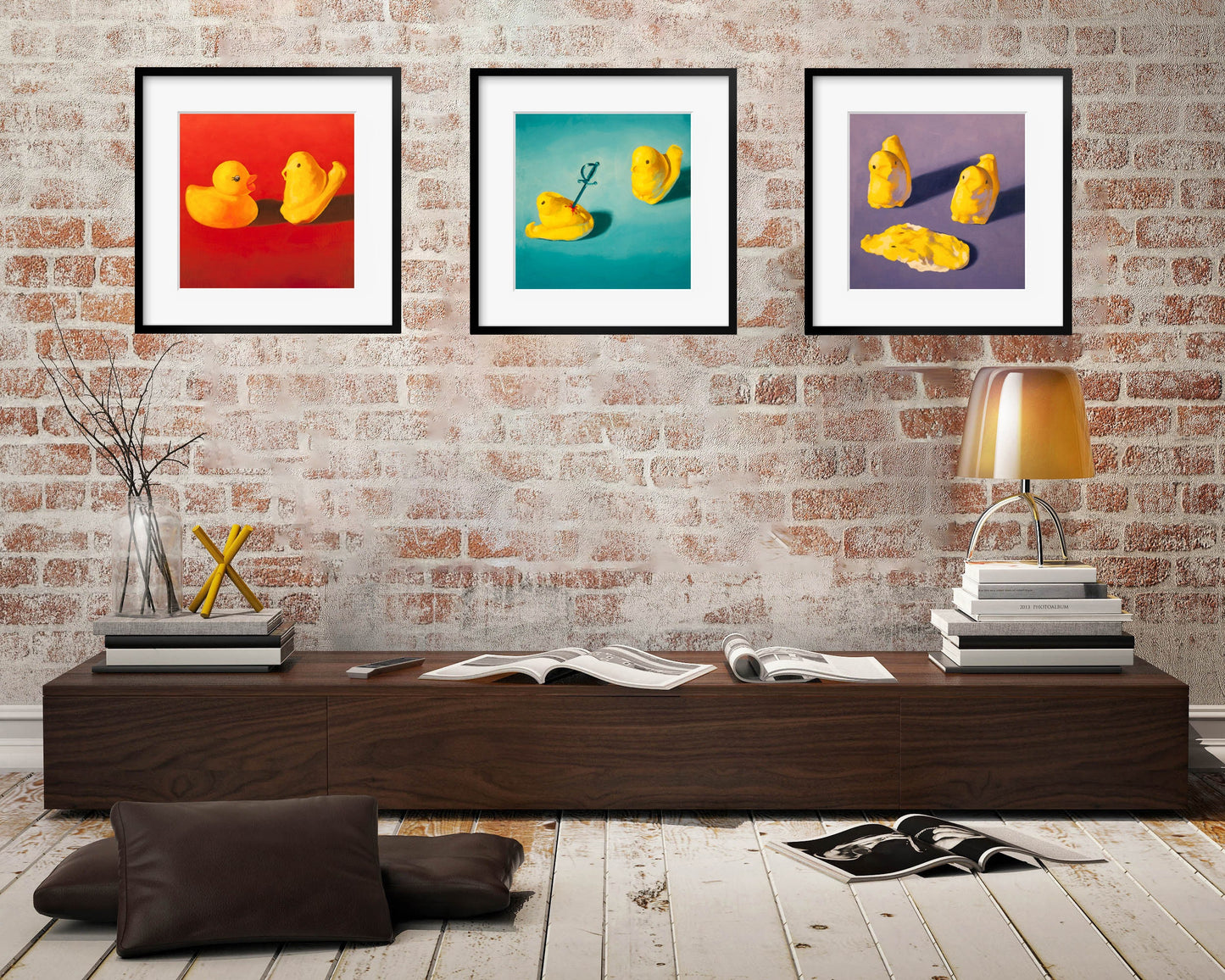 Squishy Peeps Art Set of 3 prints from oil painting - Creepy cute peep show 3 piece wall art for funny animal art birthday gift