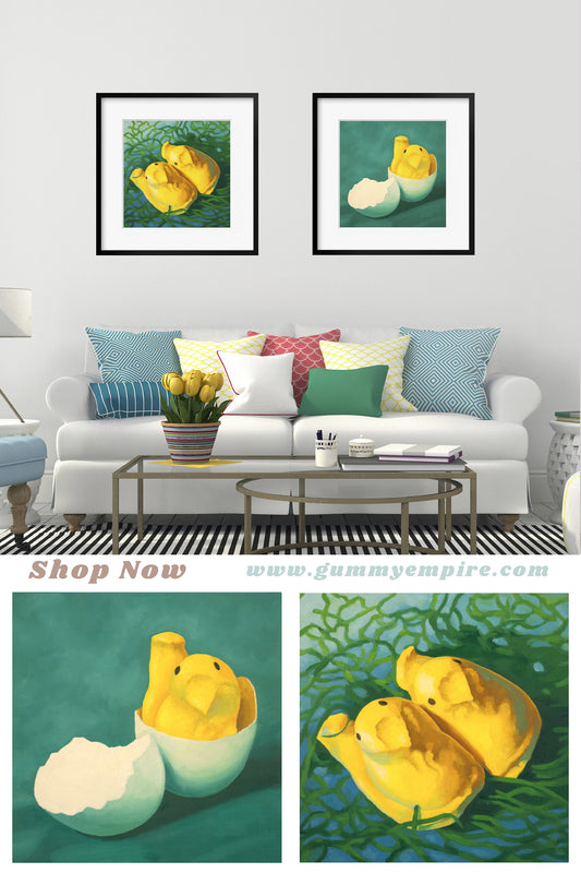 Marshmallow Peeps Art Set of 2 prints from oil painting - 2 piece wall art for birthday gift baby shower gift or nursery art