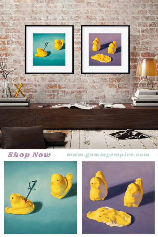Creepy cute Peeps Art Set of 2 Prints from oil painting - 2 piece wall art birthday gift of squishy marshmallow Easter candy chicken baby