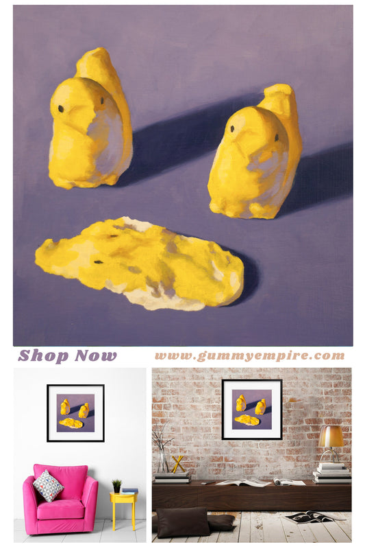Crime Scene Peeps Art Print from oil painting - Creepy cute squishy marshmallow home decor makes great birthday gift for mystery fan