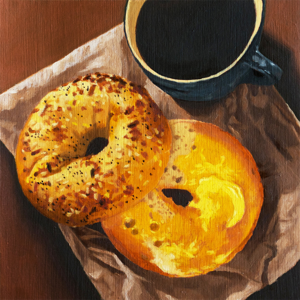 Bagel and Coffee Breakfast - ORIGINAL OIL PAINTING
