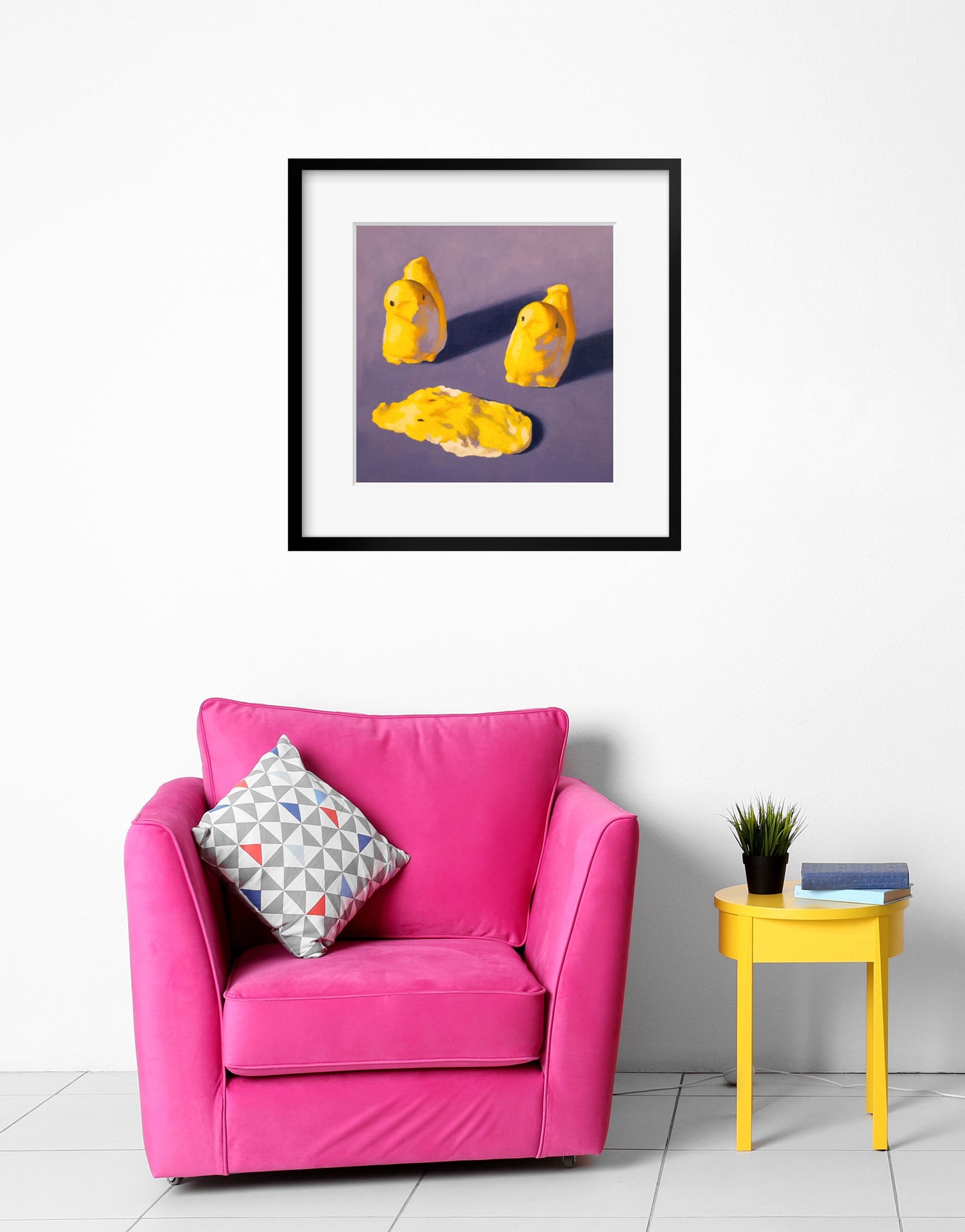 Crime Scene Peeps Art Print from oil painting - Creepy cute squishy marshmallow home decor makes great birthday gift for mystery fan