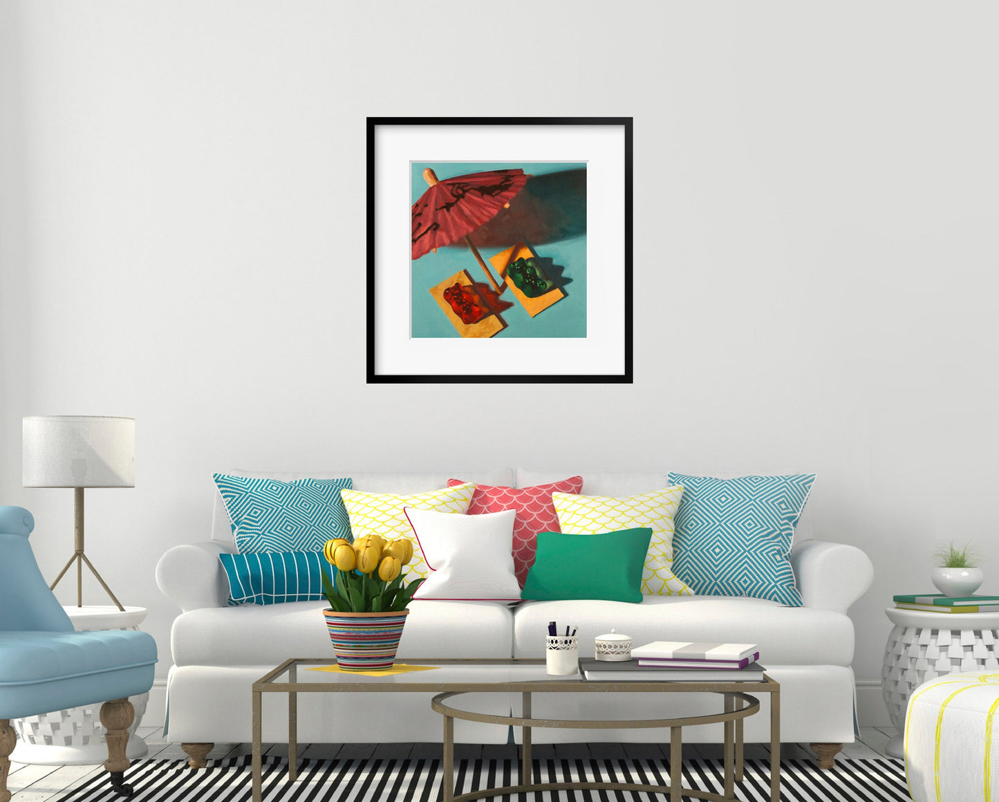 Gummy Bear Beach Bum Art print from oil painting - tropical surf art for airbnb or retirement party