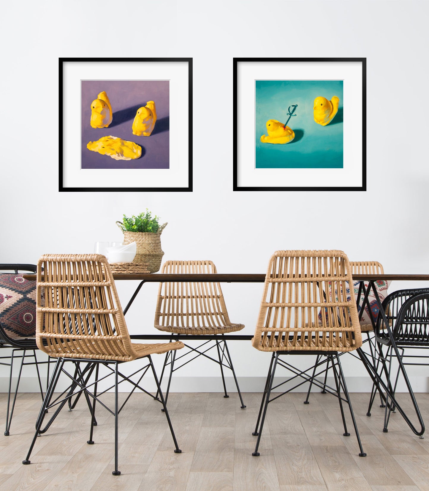 Creepy cute Peeps Art Set of 2 Prints from oil painting - 2 piece wall art birthday gift of squishy marshmallow Easter candy chicken baby