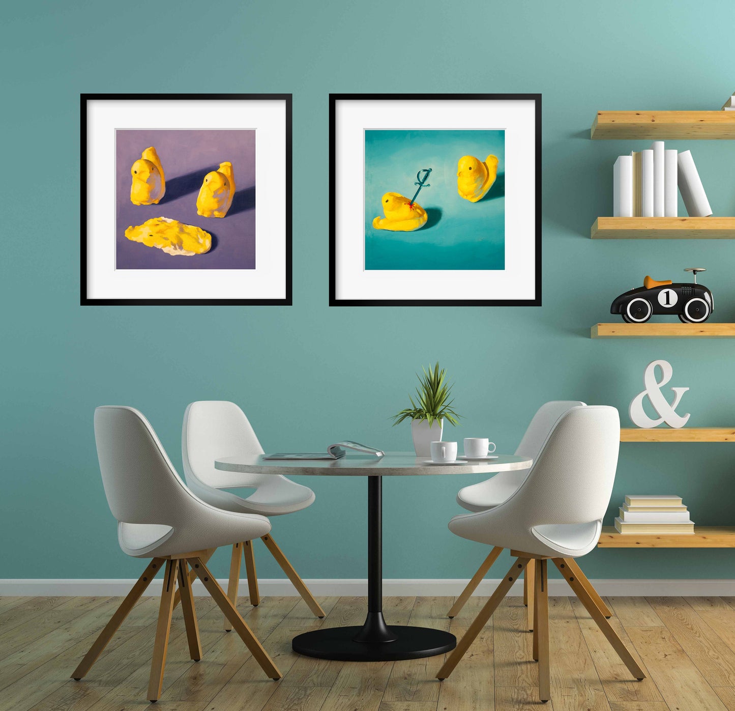 Creepy cute Peeps Art Set of 2 Prints from oil painting - 2 piece wall art birthday gift of squishy marshmallow Easter candy chicken baby