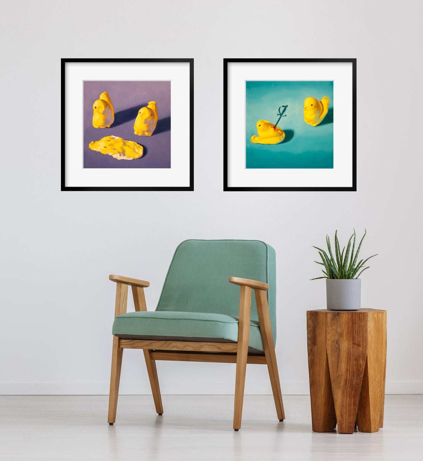 Creepy cute Peeps Art Set of 2 Prints from oil painting - 2 piece wall art birthday gift of squishy marshmallow Easter candy chicken baby