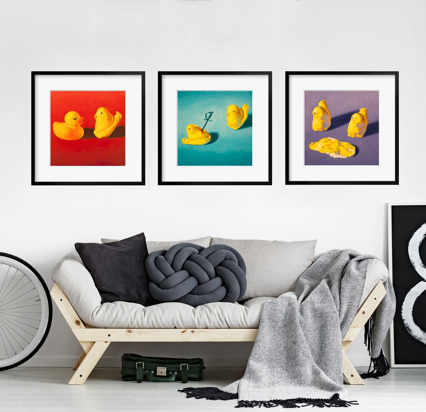 Squishy Peeps Art Set of 3 prints from oil painting - Creepy cute peep show 3 piece wall art for funny animal art birthday gift