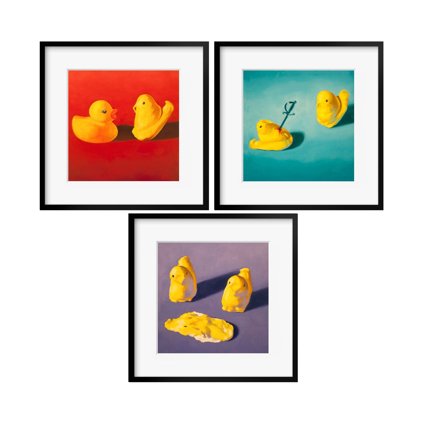 Squishy Peeps Art Set of 3 prints from oil painting - Creepy cute peep show 3 piece wall art for funny animal art birthday gift