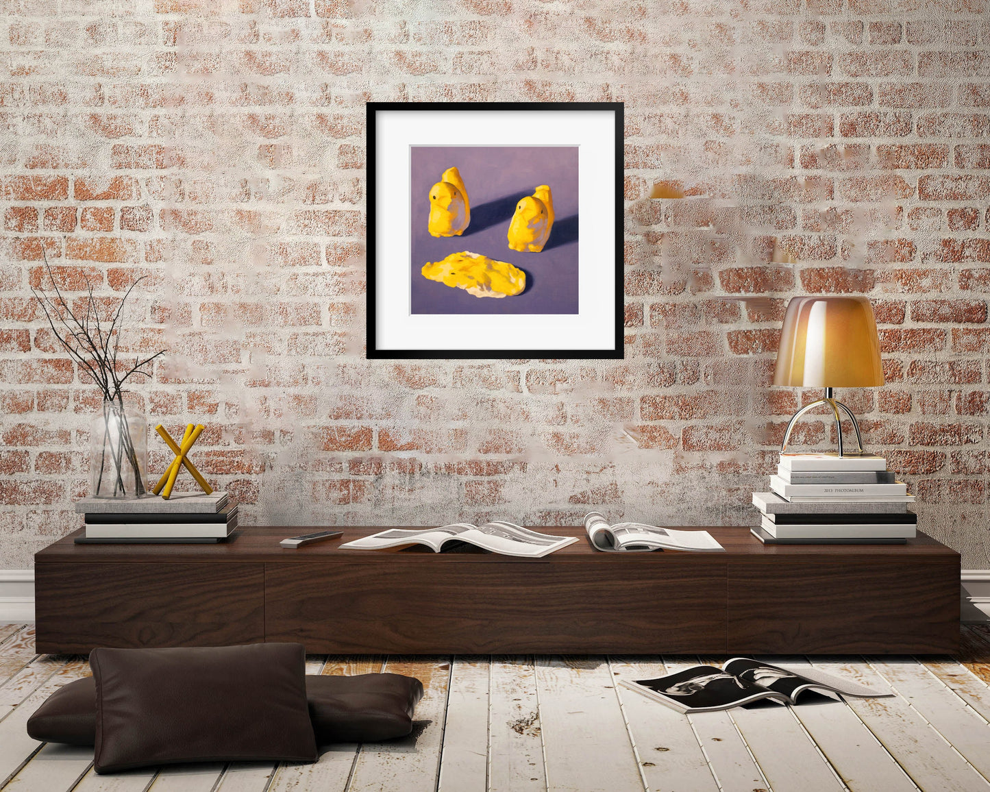 Crime Scene Peeps Art Print from oil painting - Creepy cute squishy marshmallow home decor makes great birthday gift for mystery fan