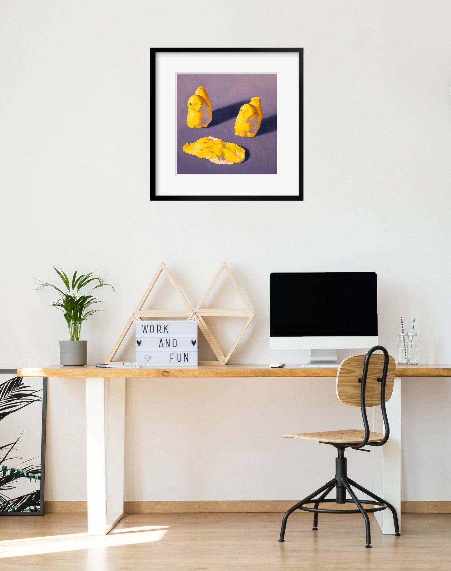 Crime Scene Peeps Art Print from oil painting - Creepy cute squishy marshmallow home decor makes great birthday gift for mystery fan
