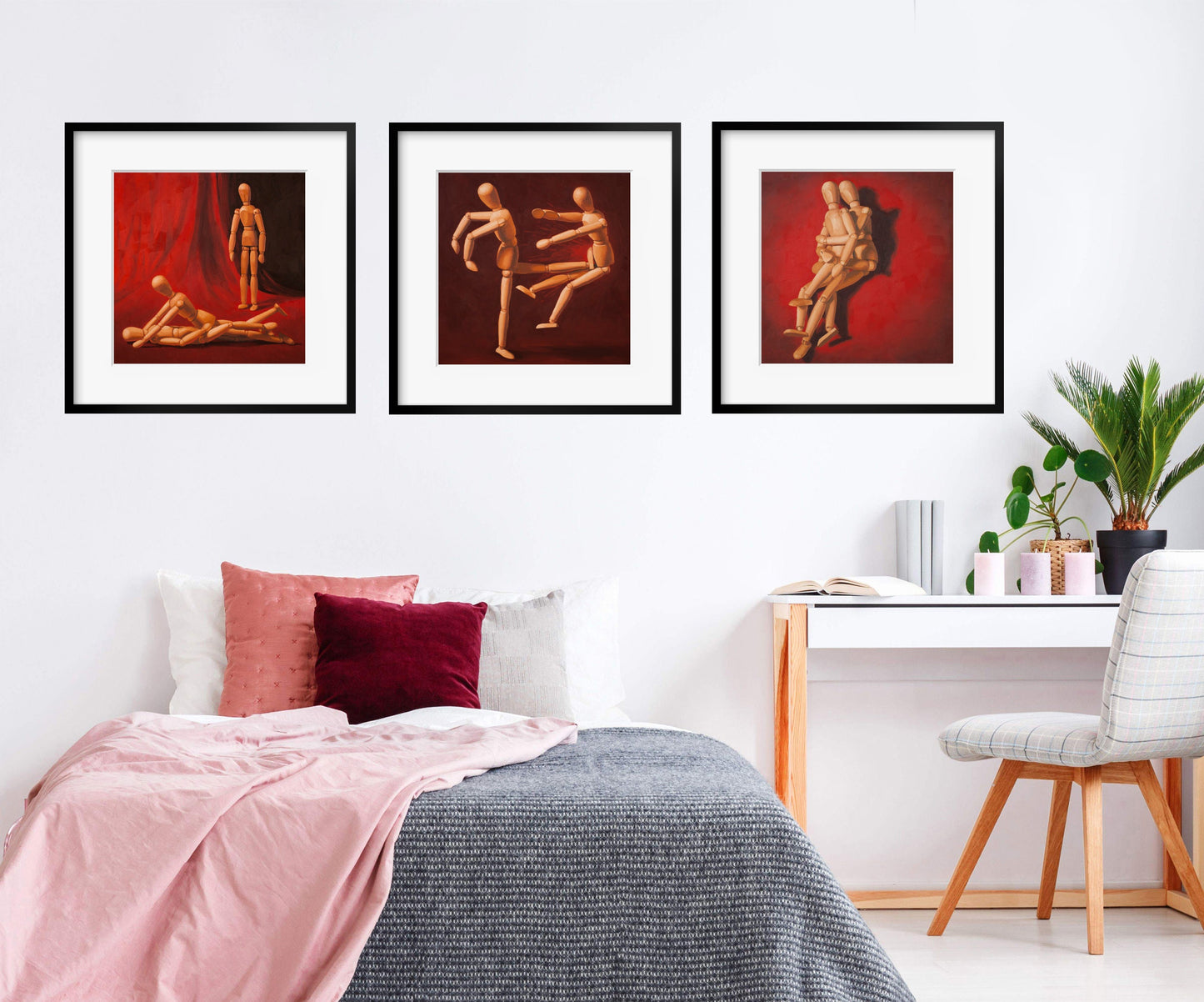 Wood Manikin Bedroom Wall Art - Set of 3 Art Prints