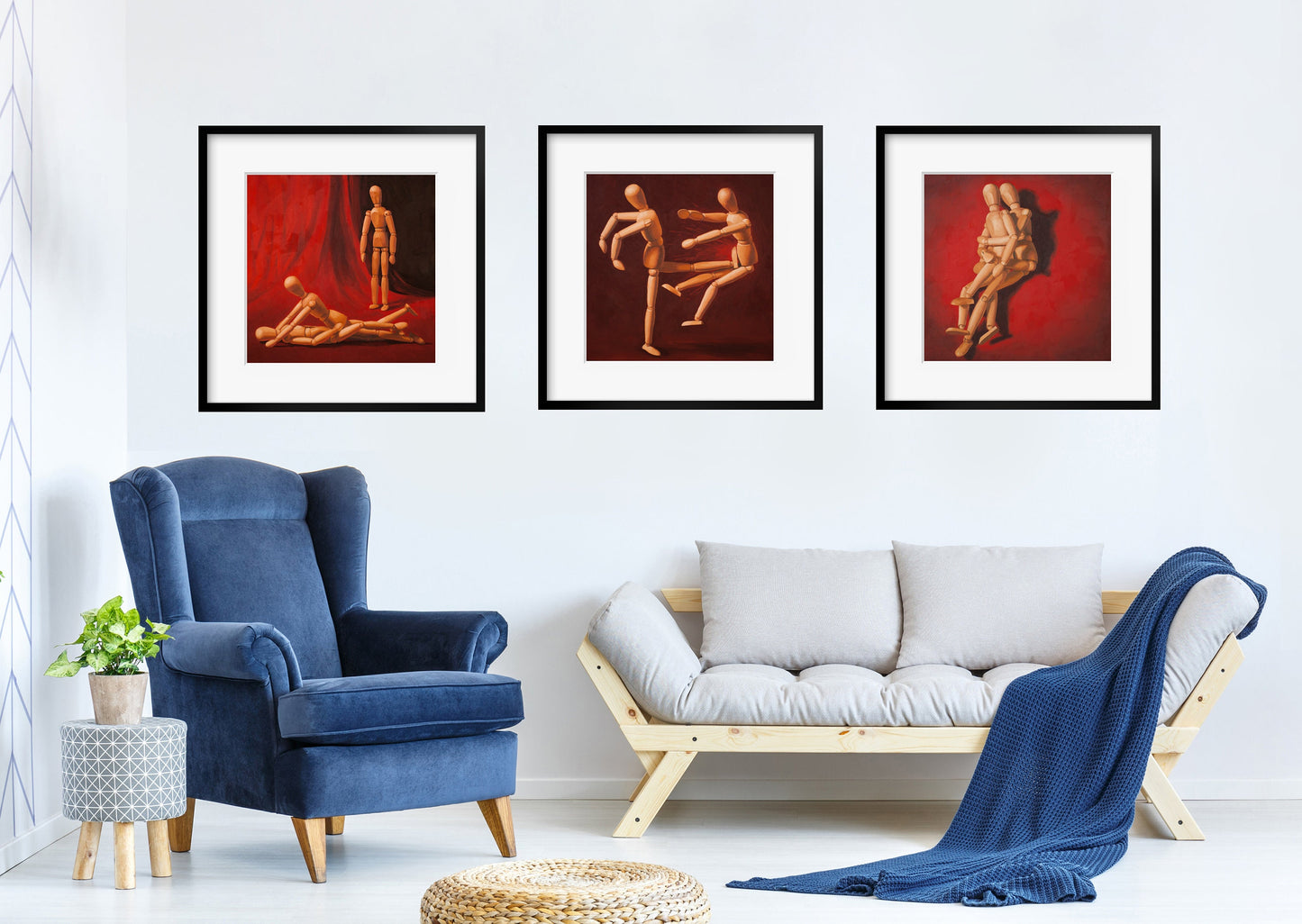 Wood Manikin Bedroom Wall Art - Set of 3 Art Prints