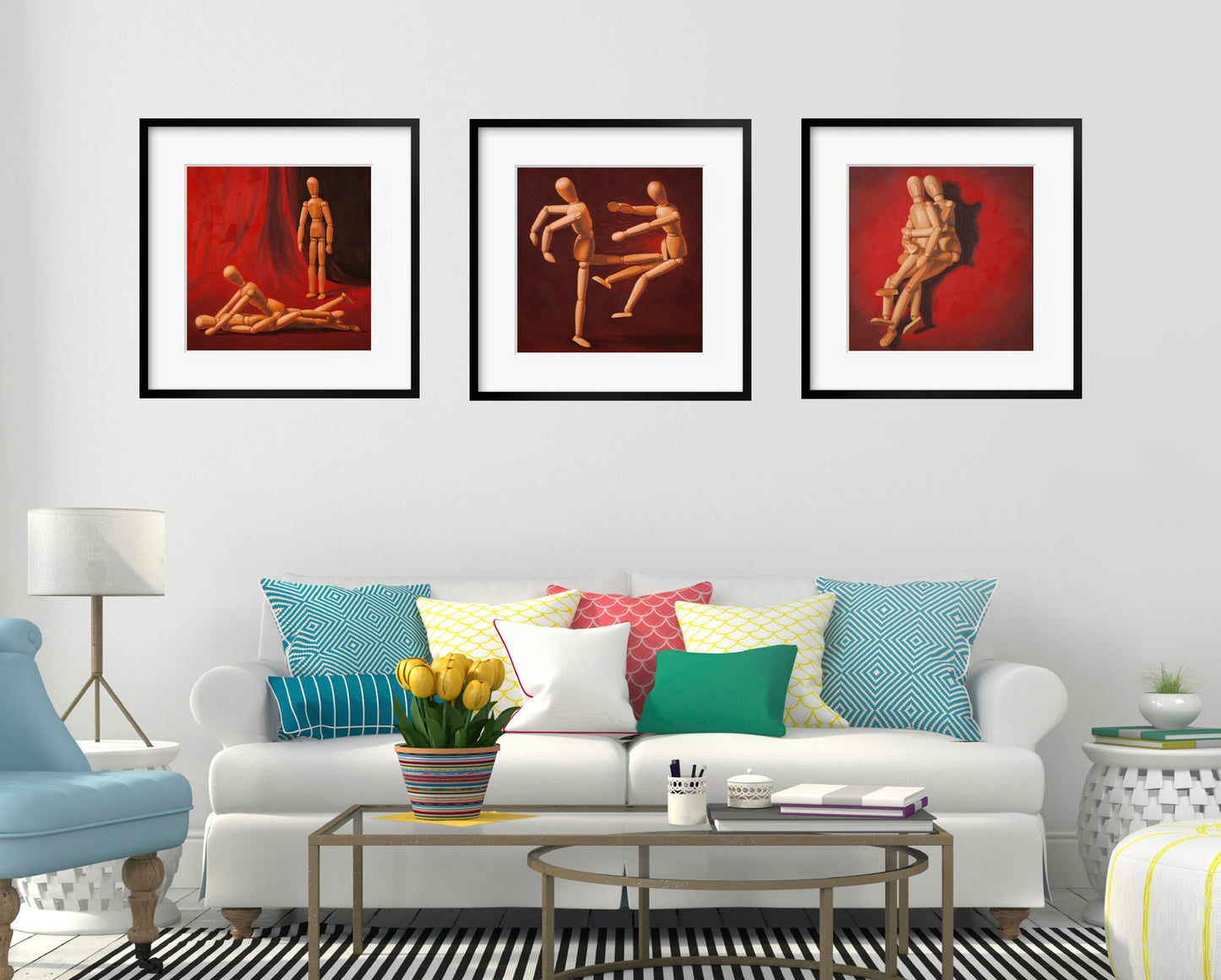 Wood Manikin Bedroom Wall Art - Set of 3 Art Prints