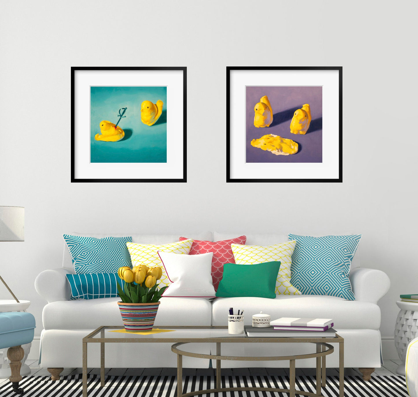 Creepy cute Peeps Art Set of 2 Prints from oil painting - 2 piece wall art birthday gift of squishy marshmallow Easter candy chicken baby