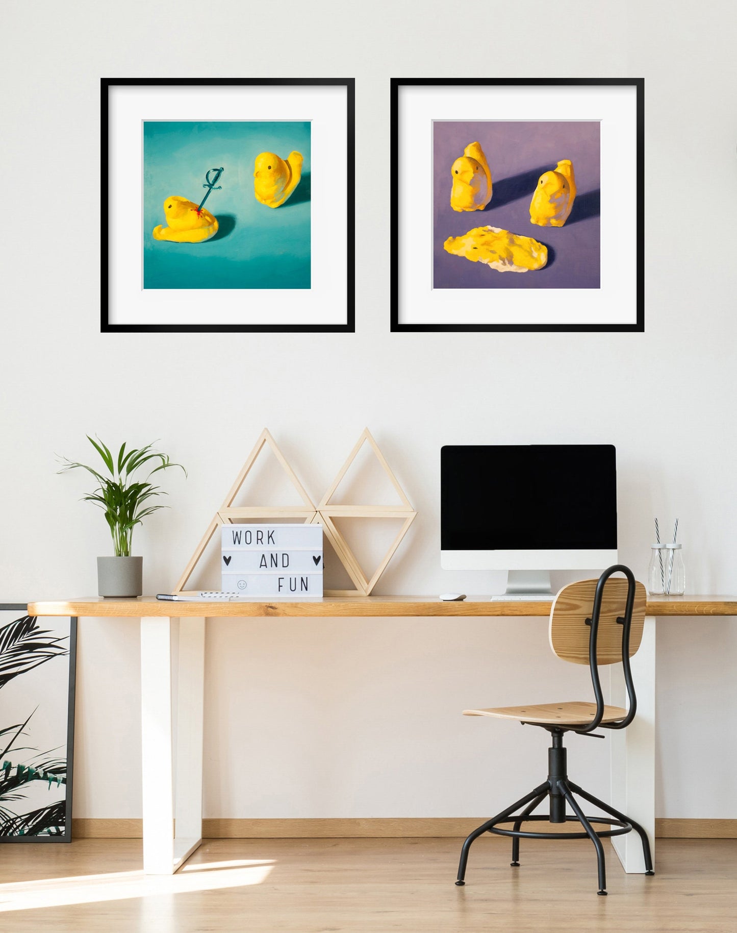 Creepy cute Peeps Art Set of 2 Prints from oil painting - 2 piece wall art birthday gift of squishy marshmallow Easter candy chicken baby