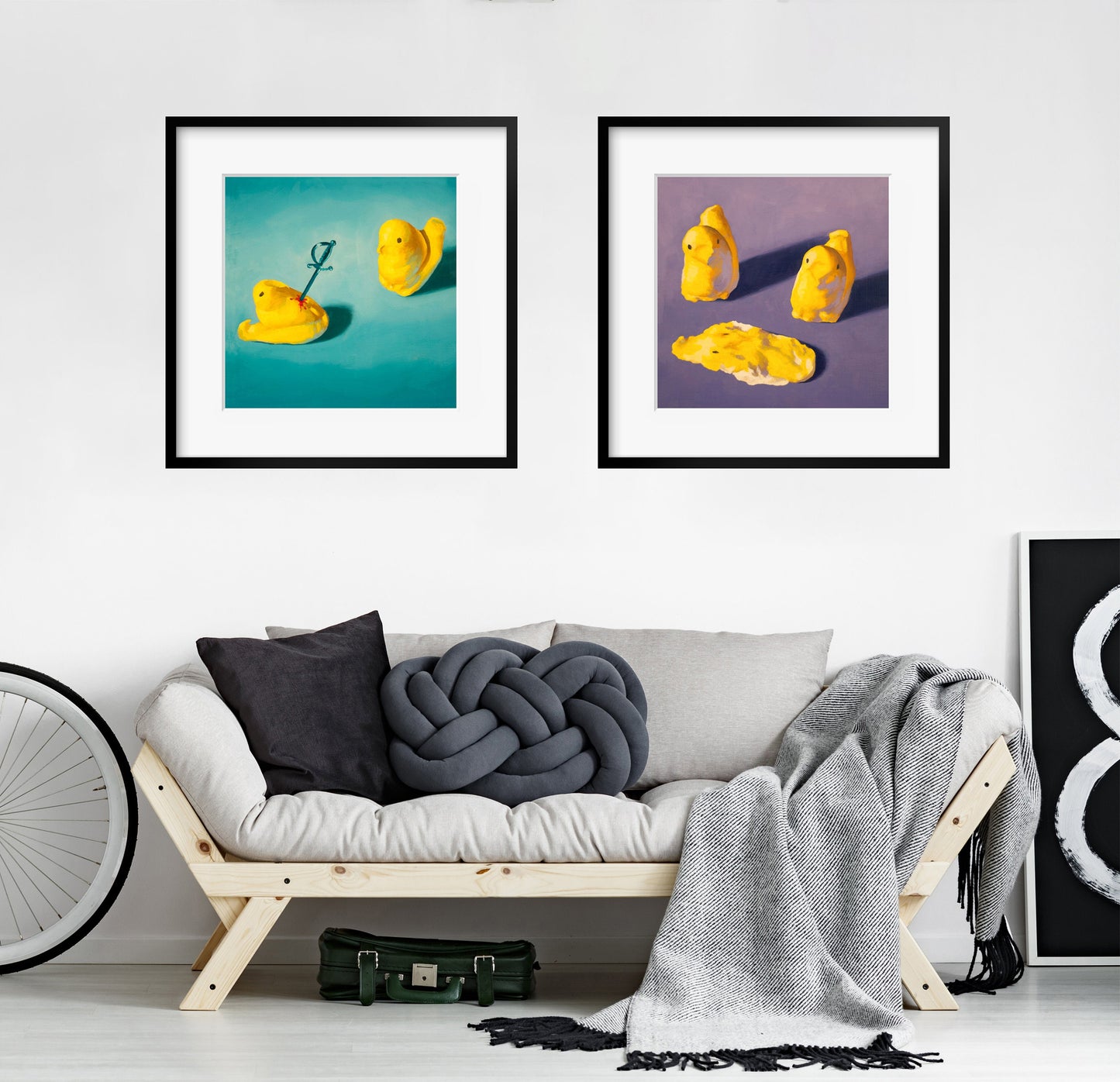 Creepy cute Peeps Art Set of 2 Prints from oil painting - 2 piece wall art birthday gift of squishy marshmallow Easter candy chicken baby