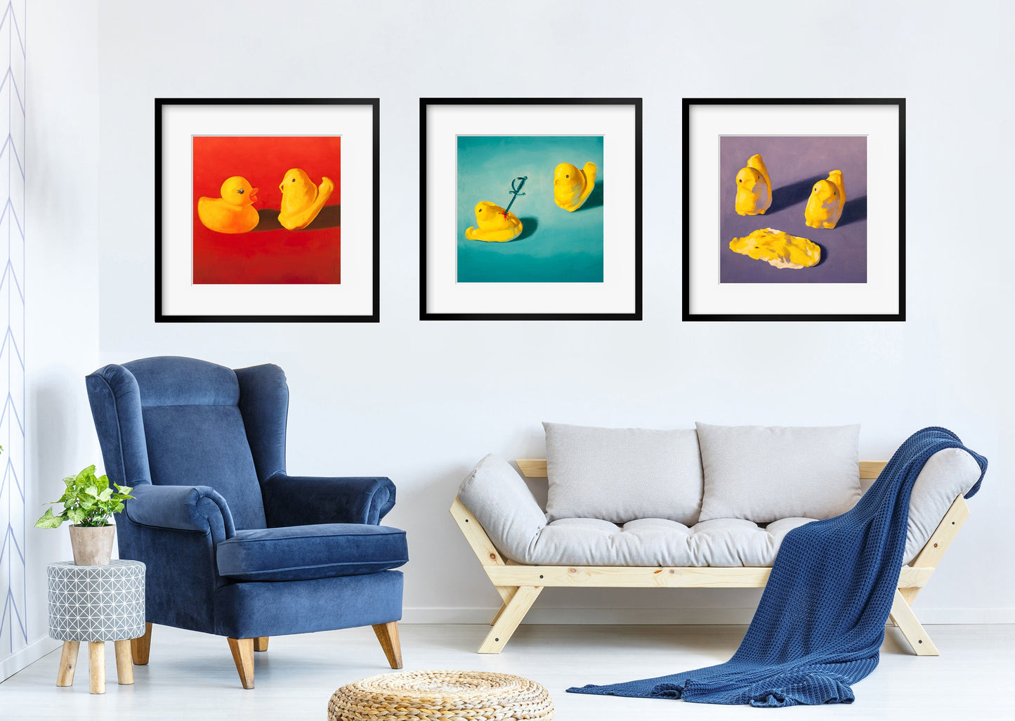 Squishy Peeps Art Set of 3 prints from oil painting - Creepy cute peep show 3 piece wall art for funny animal art birthday gift