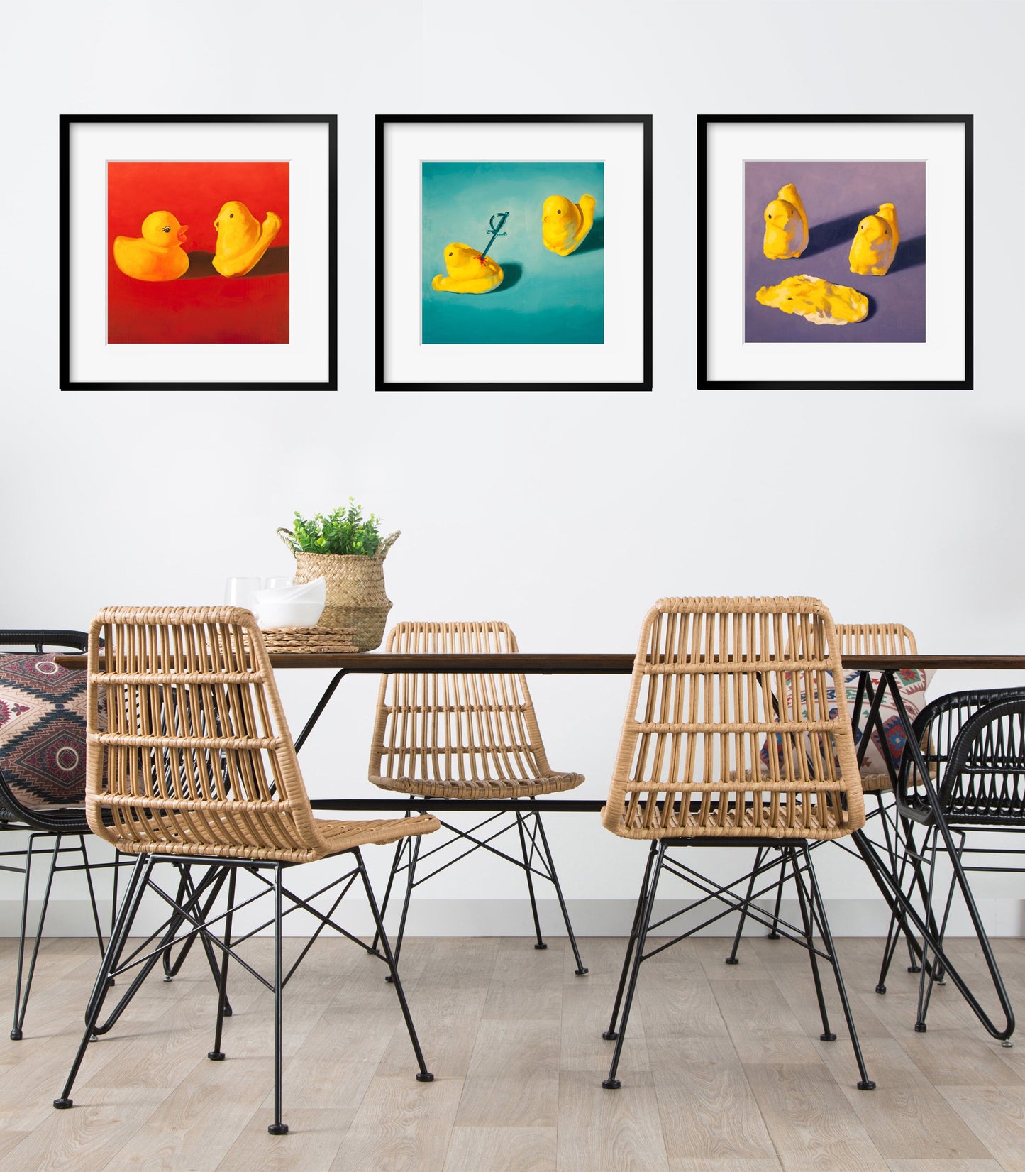 Squishy Peeps Art Set of 3 prints from oil painting - Creepy cute peep show 3 piece wall art for funny animal art birthday gift