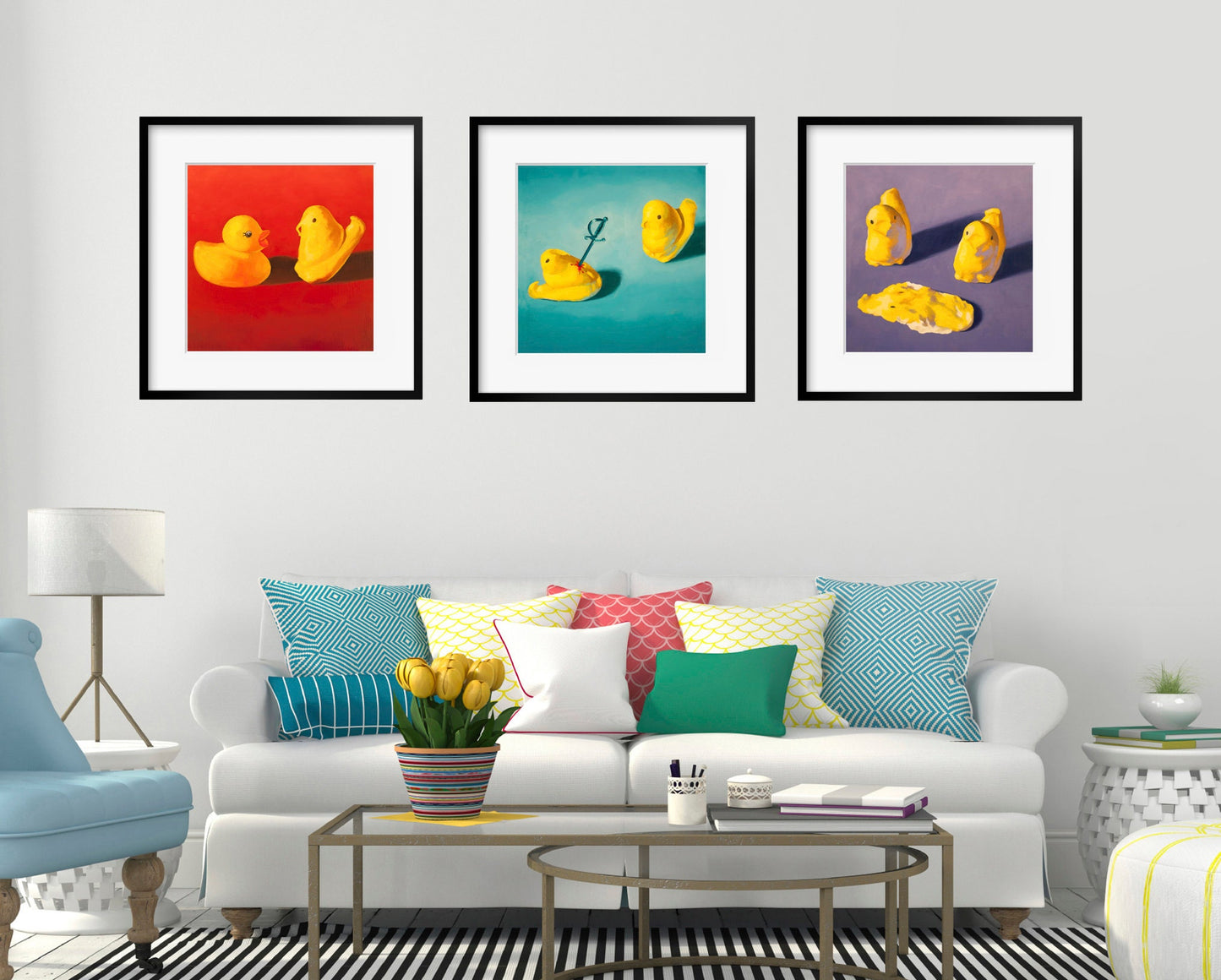 Squishy Peeps Art Set of 3 prints from oil painting - Creepy cute peep show 3 piece wall art for funny animal art birthday gift