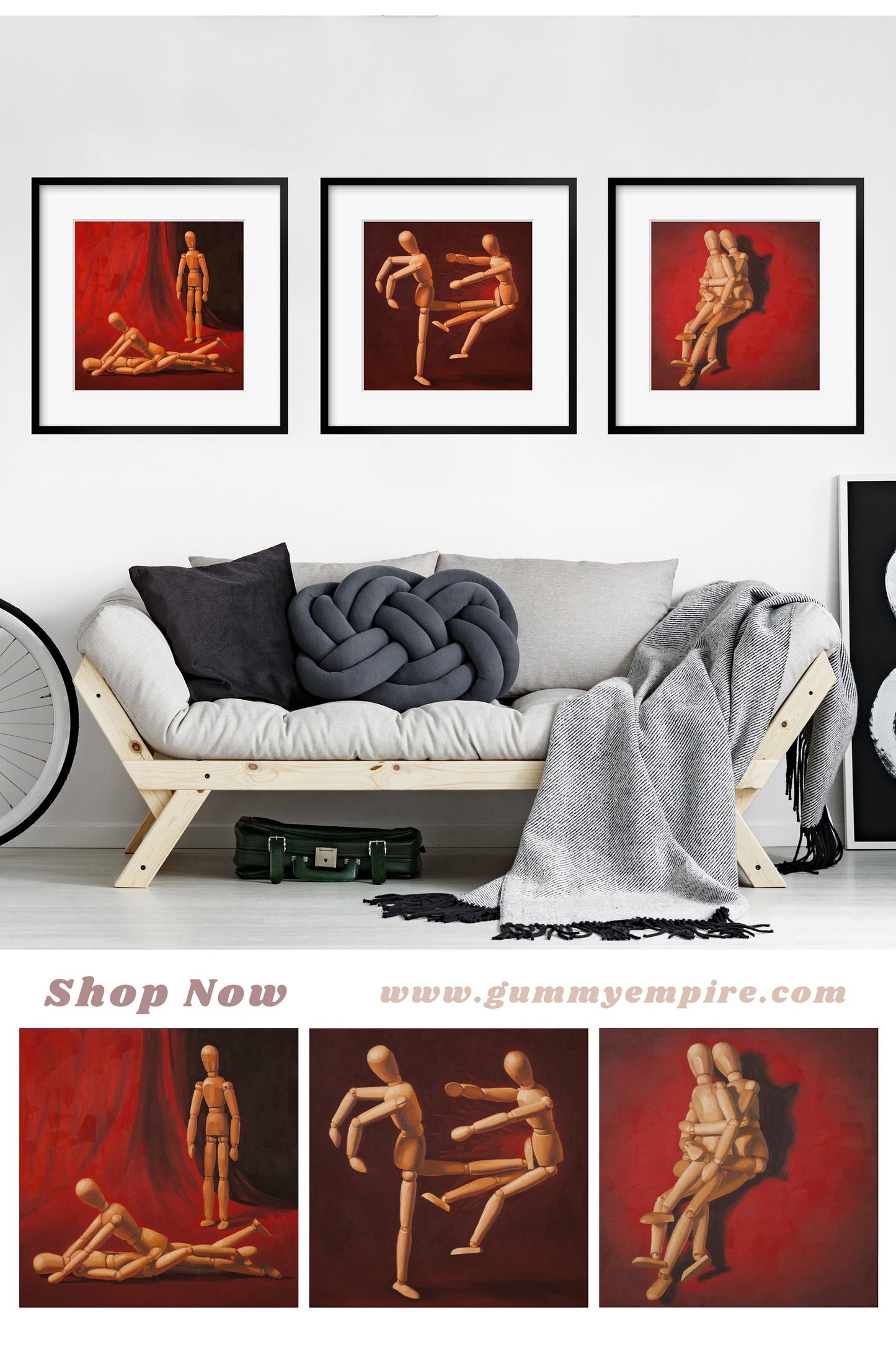 Wood Manikin Bedroom Wall Art - Set of 3 Art Prints