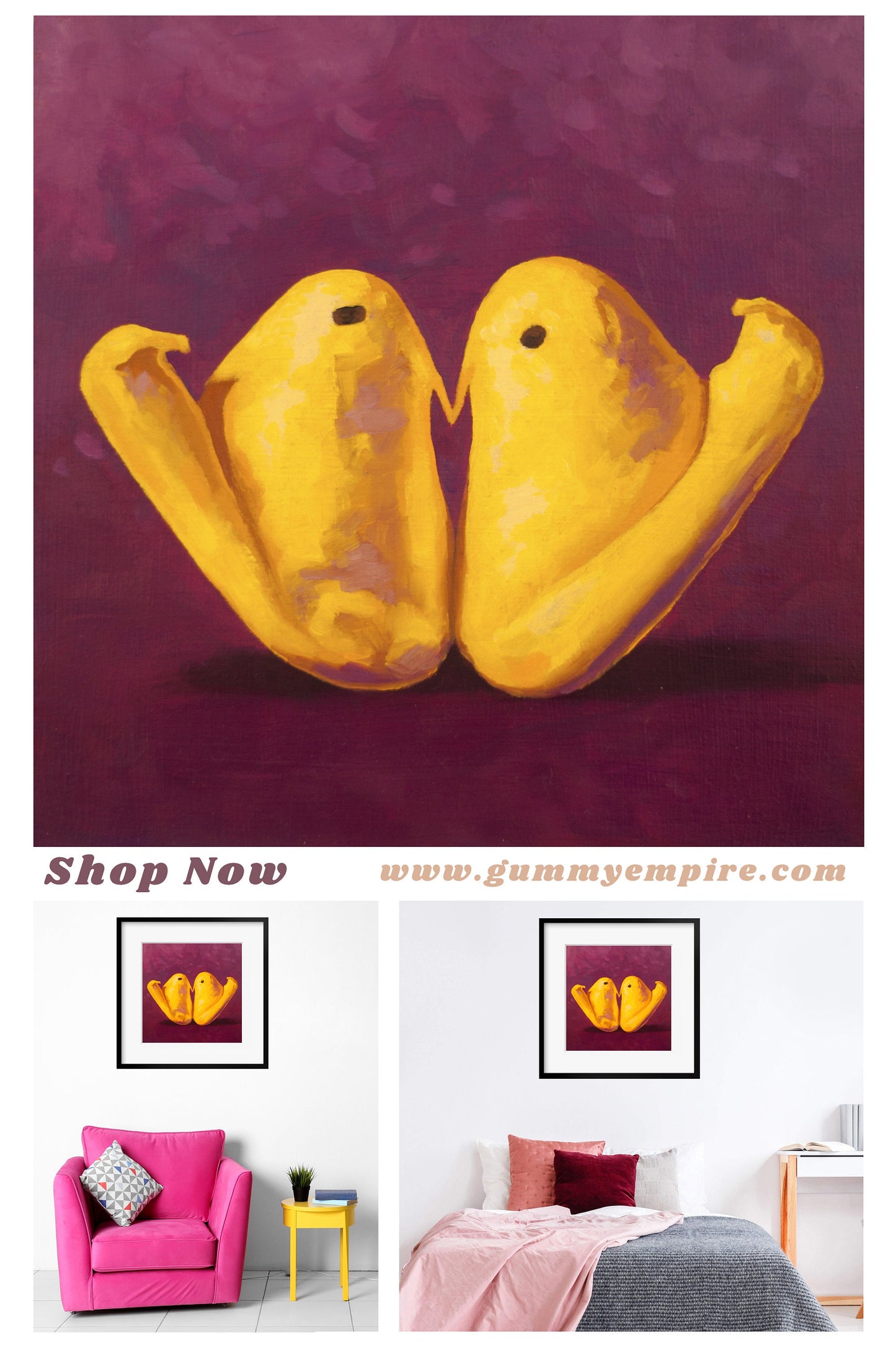 Marshmallow Peeps Art Print from oil painting - Squishy peep show makes great Valentines day gift or 2 year anniversary gift
