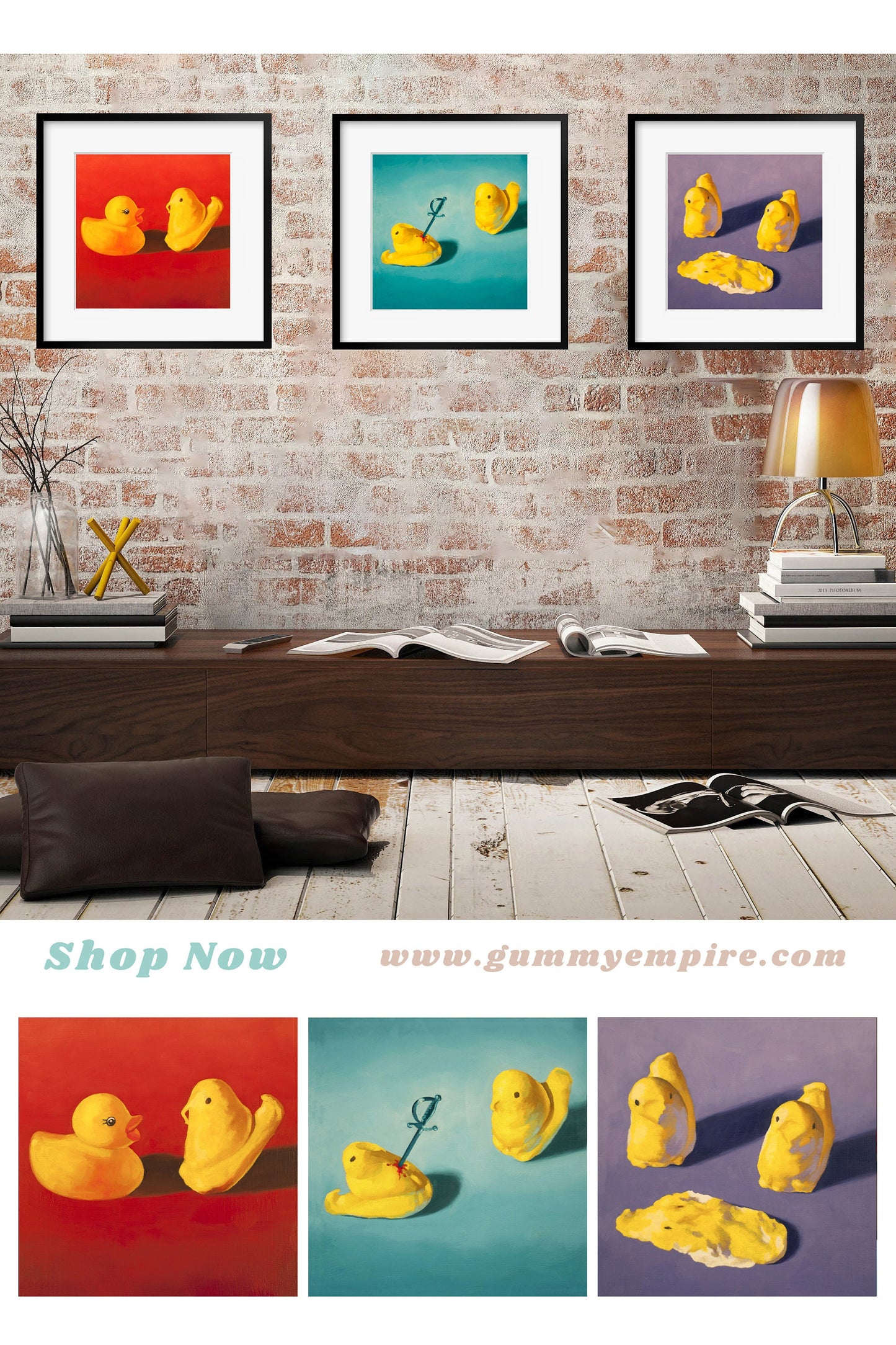 Squishy Peeps Art Set of 3 prints from oil painting - Creepy cute peep show 3 piece wall art for funny animal art birthday gift