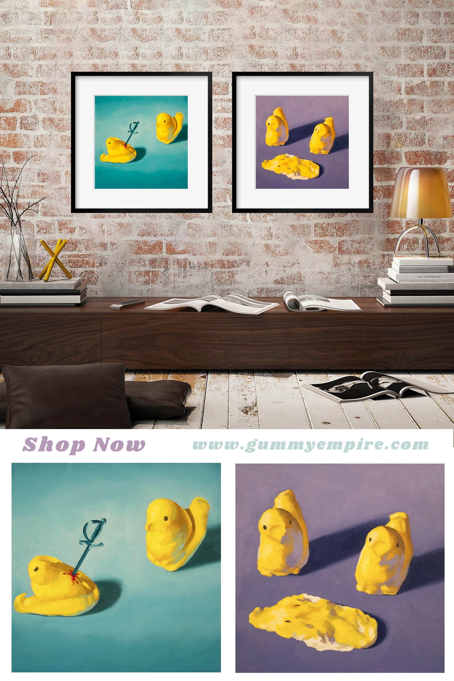 Creepy cute Peeps Art Set of 2 Prints from oil painting - 2 piece wall art birthday gift of squishy marshmallow Easter candy chicken baby